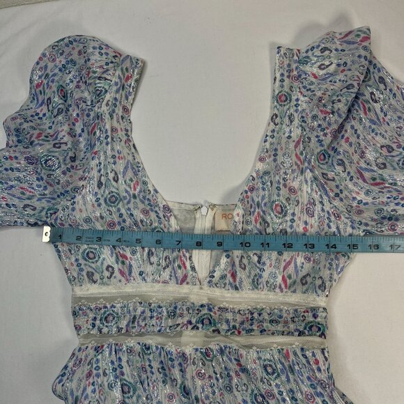 Rococo Sand Floral Lurex Chiffon Mini Dress Blue Multicolor Romantic Petite PP - Picture 8 of 14